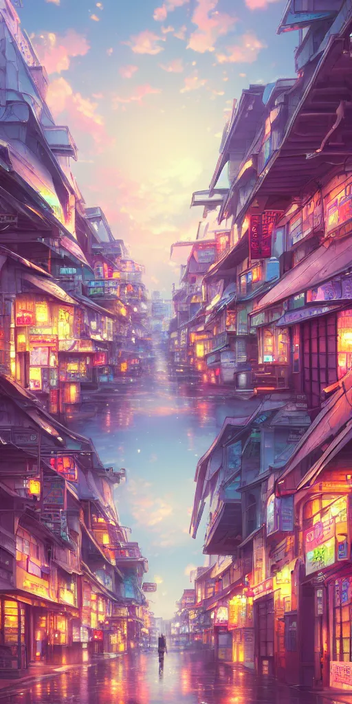 Prompt: a beautiful ultradetailed anime illustration of a city street by beeple, makoto shinkai, and thomas kinkade, anime art wallpaper 4 k, anime, trending on artstation