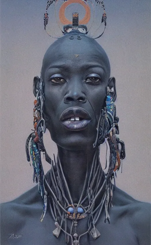Image similar to portrait of futuristic african tribal chief, insibidi symbols, symmetrical, dramatic lighting, art by zdzislaw beksinski,