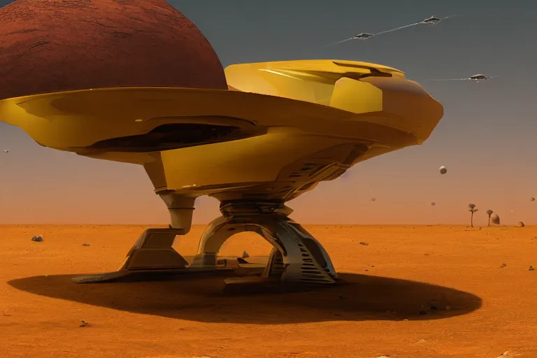 Image similar to a yellow african futuristic spaceship on a desert planet, science - fiction, matte painting