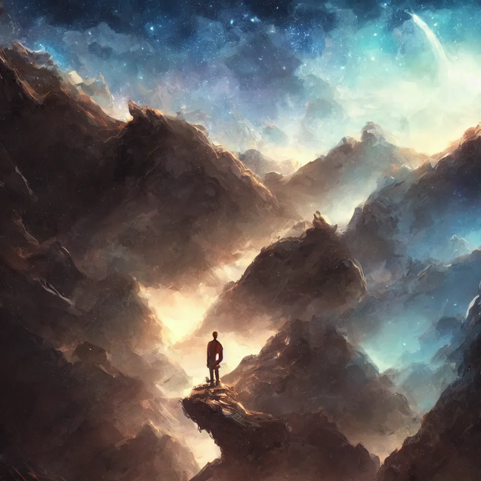 Prompt: man standing on edge of the mountain, galaxy in the sky,digital art, concept art, fantasy art, highly detailed, HD wallpaper, artstation, Deviantart, abeyance