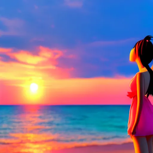 Image similar to anime girl looking at the sunset on the beach,