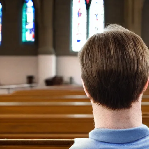 Image similar to a man wearing a wig sitting in a church, photo taken from the back of his head on a phone.
