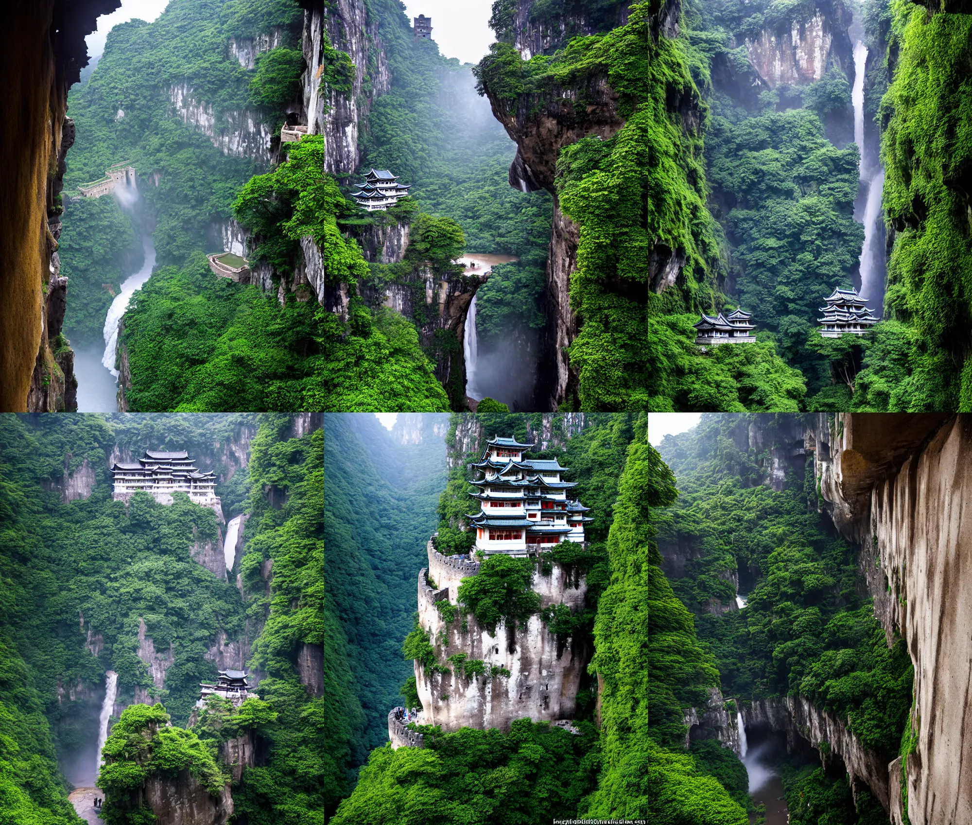 Prompt: establishing wide shot inside han son doong with waterfalls on either side of the cliff walls, a cloister is built into the cliff walls, at the top of the cliff is a japanese castle