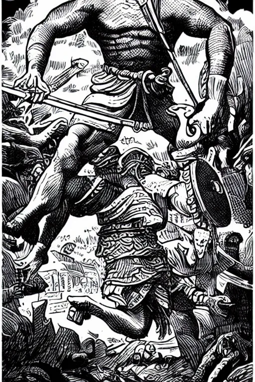 Image similar to ancient historically accurate depiction of the Bible Character Goliath of Gath, the Philistine warrior giant by mcbess