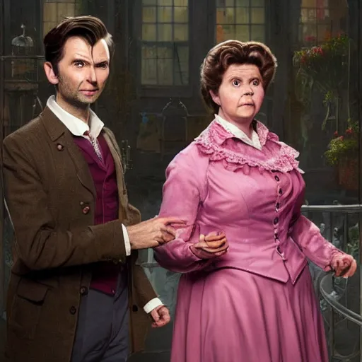 Prompt: david tennant and imelda staunton as dolores umbridge in pink clothes with the tenth doctor who, highly detailed, artstation, concept art, fantasy, smooth, sharp focus, illustration, perfect face, art by nikolay makovsky, jacek malczewski, arthur hughes, edward okun, franz xaver winterhalter