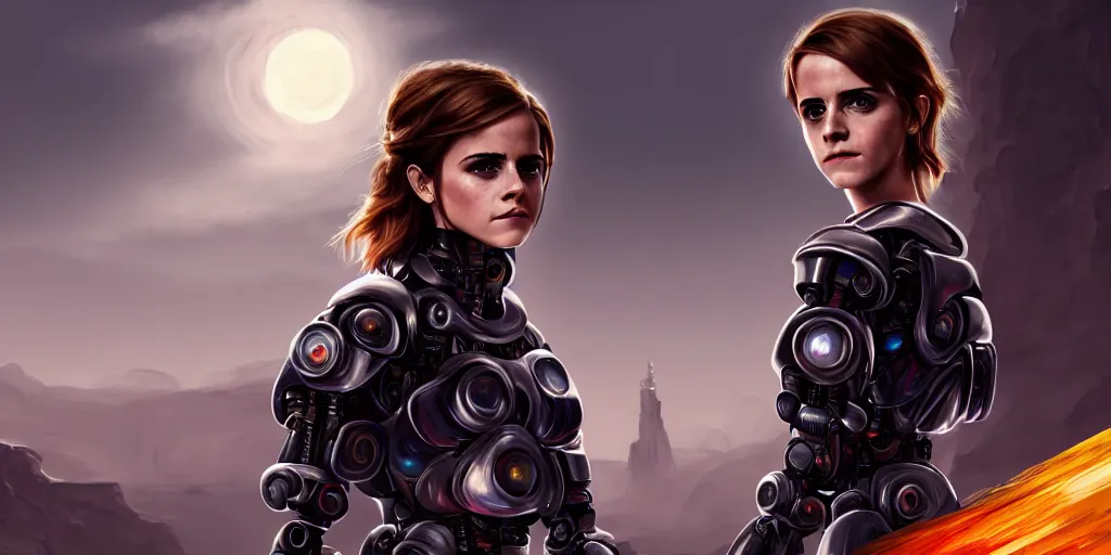 Prompt: emma watson, chrome robot, matte oil painting, retrofuturistic, colorful, concept art, science fantasy, rpg, epic, dungeons & dragons, sharp focus, award - winning, extremely detailed, 4 k, 8 k