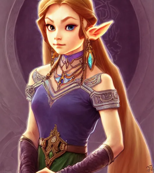 Image similar to portrait of disney zelda twilight princess!!!!!, intricate, elegant, highly detailed, digital painting, artstation, concept art, smooth, sharp focus, illustration, art by artgerm and greg rutkowski and alphonse mucha and uang guangjian and gil elvgren and sachin teng and wlop, symmetry!!