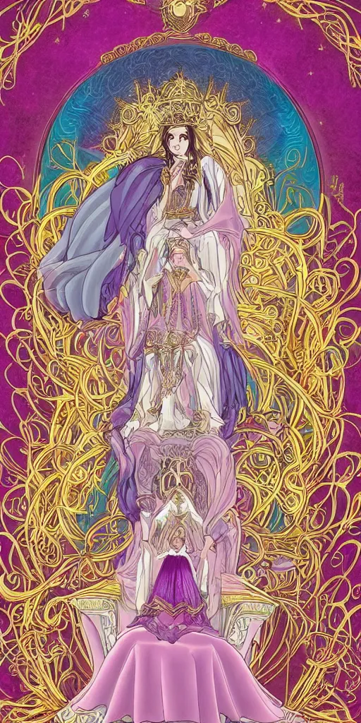 Image similar to a mystical woman priestess sitting on a throne, the divine feminine, drawn by studio UFOTABLE, fine line work, pastel colors