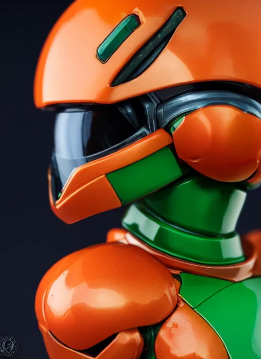 Image similar to helmet portrait of a figurine of samus aran's varia power suit from the sci - fi nintendo videogame metroid. designed by hiroji kiyotake. glossy. red round helmet, orange shoulder pads, green visor. shallow depth of field. suit of armor.