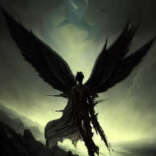 Image similar to painting of a fallen angel paladin with big burnt wings reaching the summit of a haunted mountain, sharp focus, award - winning, trending on artstation, masterpiece, highly detailed, intricate. art by seb mckinnon