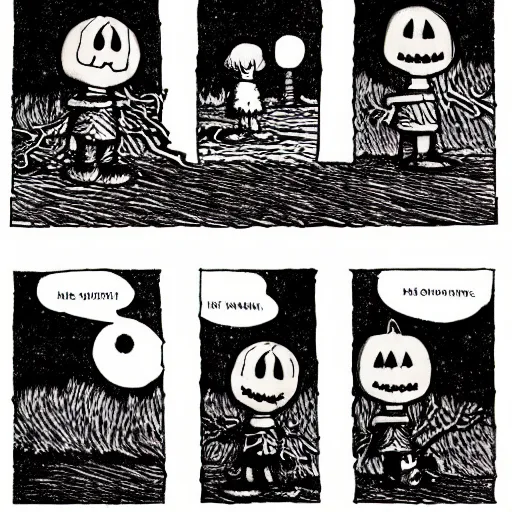 Prompt: pumpkin monster in the blair witch project, charlie brown and linus, night time, ominous,