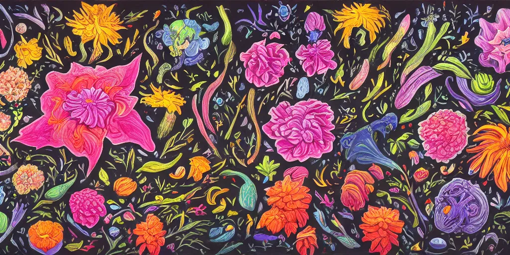 Prompt: full color page scan of unique lovecraftian flower on black background, in gouache detailed paintings, props, stylized, 2 d sprites, kitbash, 8 k, close up