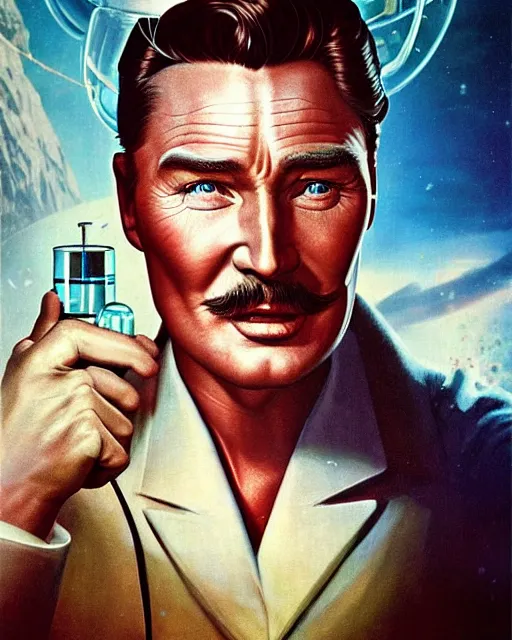 Image similar to Errol Flynn as a scientist. 1980s dystopian Soviet Russia, propaganda screens. Unreal engine, fantasy art by Anna Podedworna. Faithfully depicted facial expression, perfect anatomy global illumination, radiant light, detailed and intricate environment