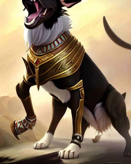 Prompt: nasus the armored egyptian anubis white and brown border collie warrior from videogame league of legends the armored egyptian collie warrior with the face of a white and brown border collie, full body armor, in action attack pose, highly detailed, artstation, cinematic character, by greg rutkowski and charlie bowater