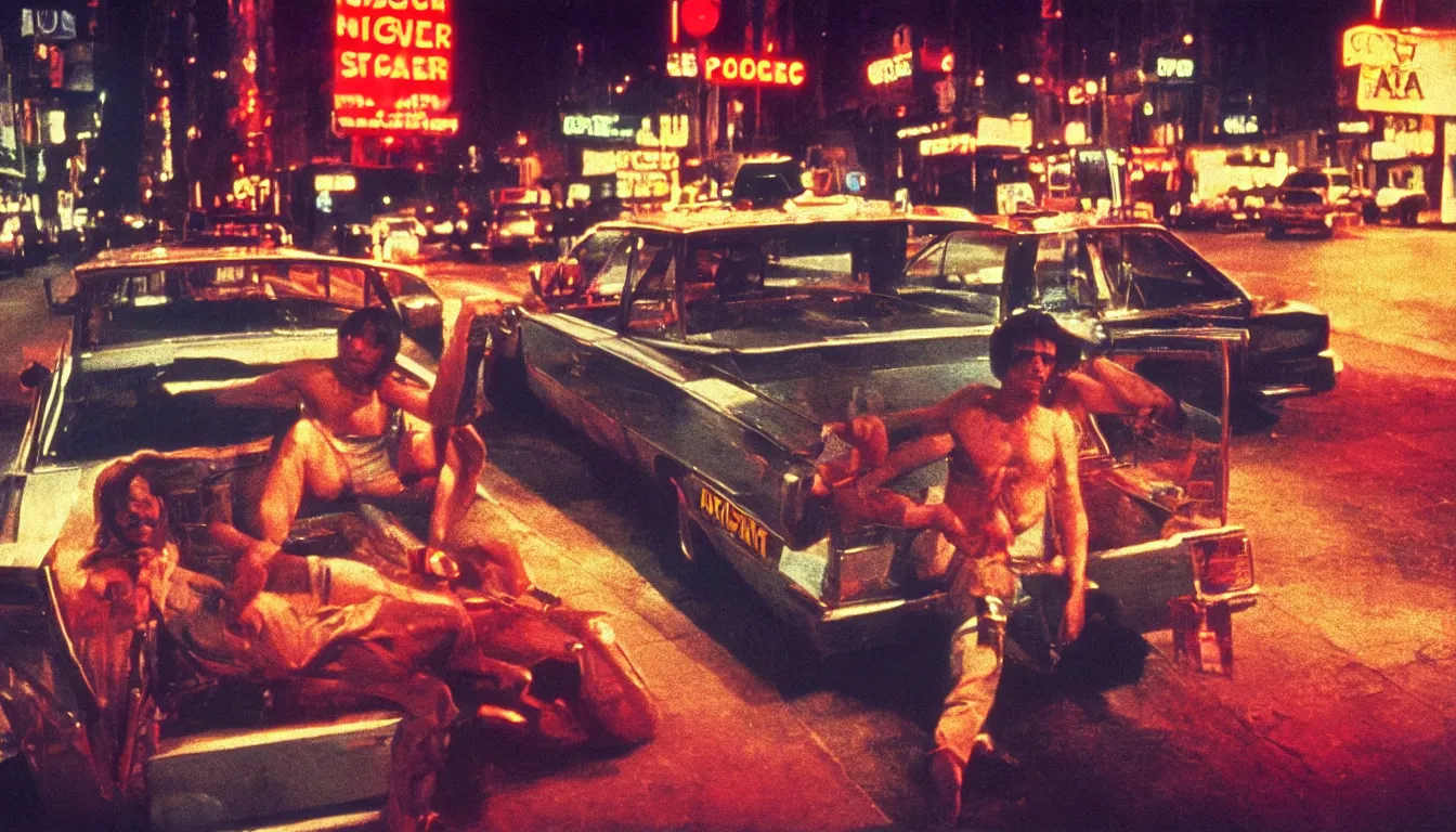 Image similar to 8 0 s polaroid photo, cinema still from movie taxi driver, sleazy man watching night streets, colorful haze, americana, high production value, 8 k resolution, hyperrealistic, hdr, photorealistic, high definition, high details, tehnicolor, award - winning photography, masterpiece, amazing colors