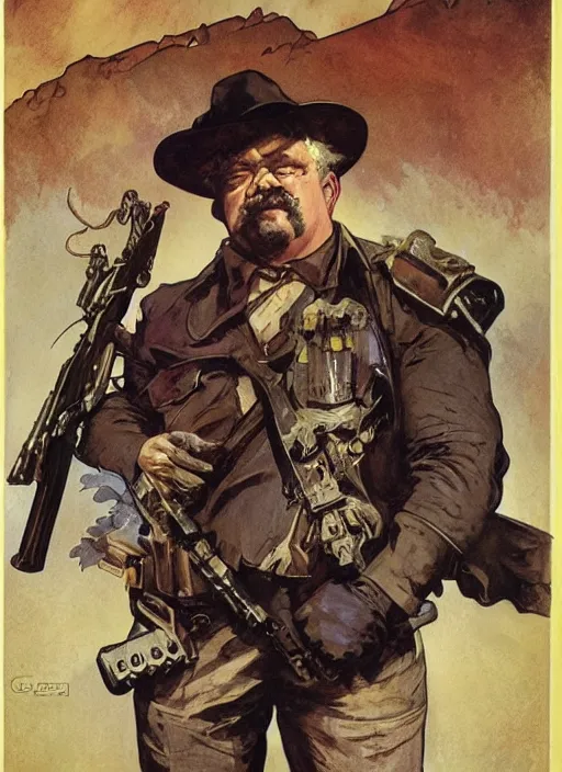 Prompt: gk chesterton as a mercenary with muscles and a shotgun. portrait by james gurney and craig mullins and alphonso mucha. realistic face. expressive face.