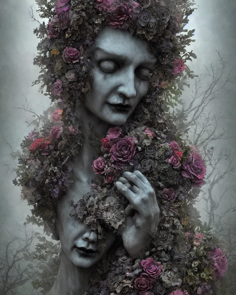 Prompt: a digital painting of the face of a gothic cemetery statue made of mist and flowers, cinematic lightning, Andrew Ferez, Charlie Bowater, Marco Mazzoni, Seb McKinnon, Ryohei Hase, Alberto Seveso, Kim Keever, trending on cgsociety, featured on zbrush central, new sculpture, mystical