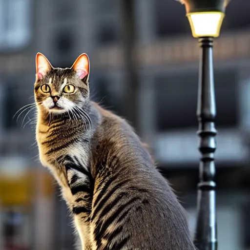 Prompt: A photo of a cat that has its tongue stuck to a lamp post due to the freezing cold.