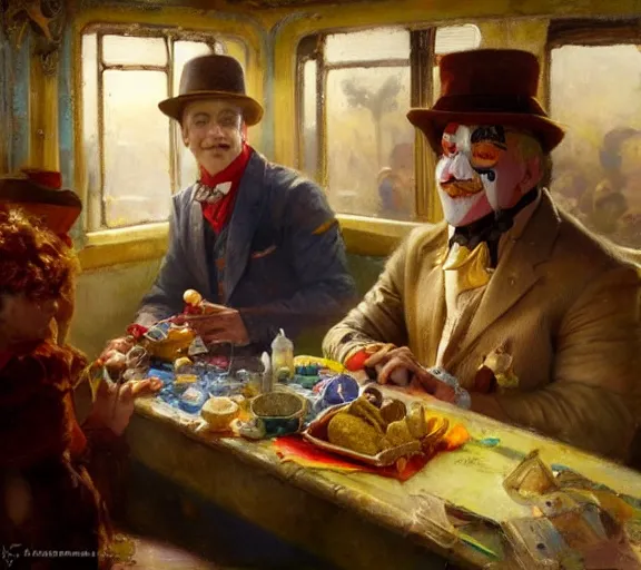 Prompt: a clown selling goodies on the train, highly detailed painting by gaston bussiere, craig mullins, j. c. leyendecker 8 k