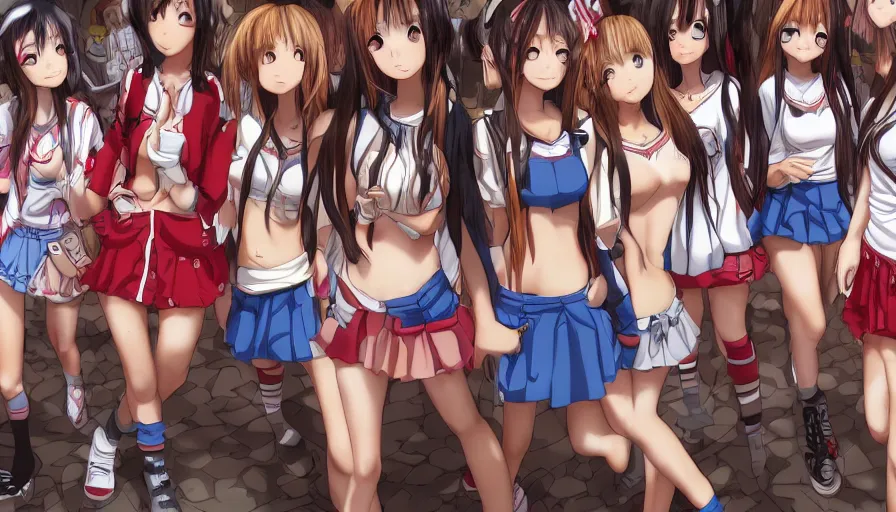 Image similar to waldo hiding amongst a group of cute anime girls in short miniskirts, lightly dressed, ultra detailed digital art, hyper real, detailed, closeup shot, ultra detailed