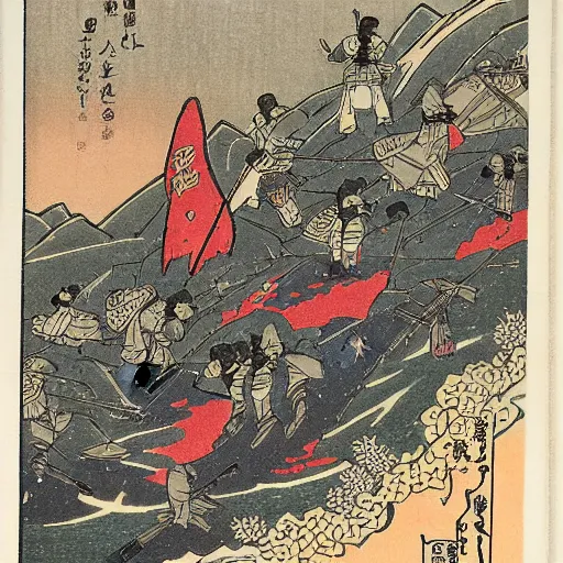 Prompt: imperial japan propaganda, colored woodblock print, meiji period, mizuno toshikata style, space marines, winter landscape