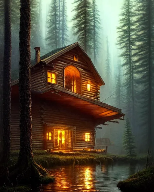 Image similar to a hyper - detailed 3 d render like an oil painting of cabin in the woods floating inside our own consciousness!!!!! surreal concept art, lifelike, photorealistic, digital painting, aesthetic, smooth, sharp focus, artstation hd, by greg rutkowski, bruce pennington, valentina remenar, rhads, asher duran,