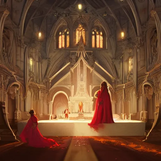 Image similar to an beautiful and detailed matte painting of a lesbian wedding between evil pyromancer and a red mage, unholy union, white church background, god rays, sharp focus, highly detailed, cinematic lighting, studio quality, colorful, smooth render, vector illustration, award winning, by artgerm, greg rutkowski, alphonse mucha