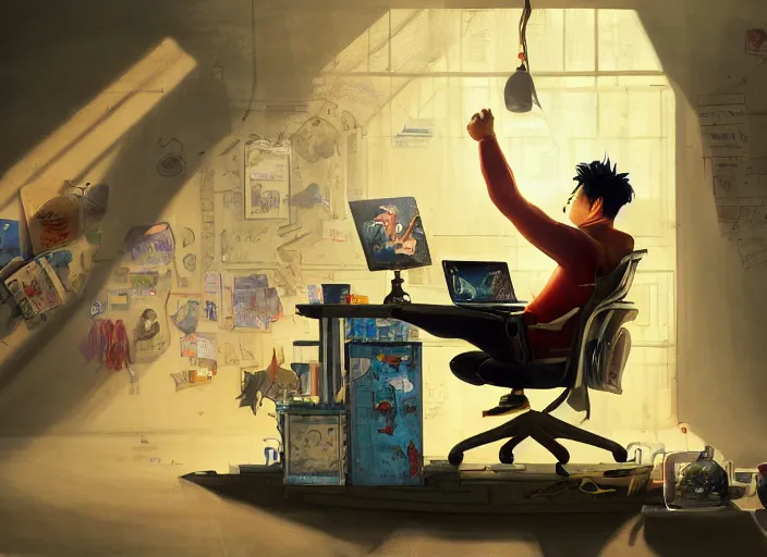 Image similar to an insanely detailed painting of an asian man wearing a homemade superhero costume, sitting at a desk, staring seriously at the computer and typing, in the style of james jean, dramatic lighting and composition, surreal background, octane render, pixar, trending on artstation, concept art, comic book, view from behind, 8 k