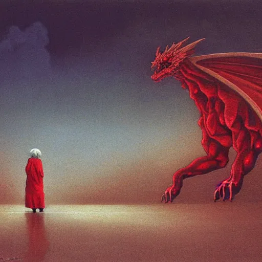 Image similar to grandmother from anime is walking on the pavement and is attacked by big red dragon, big red wings, before the storm, distant lightings in the clouds, beksinski style