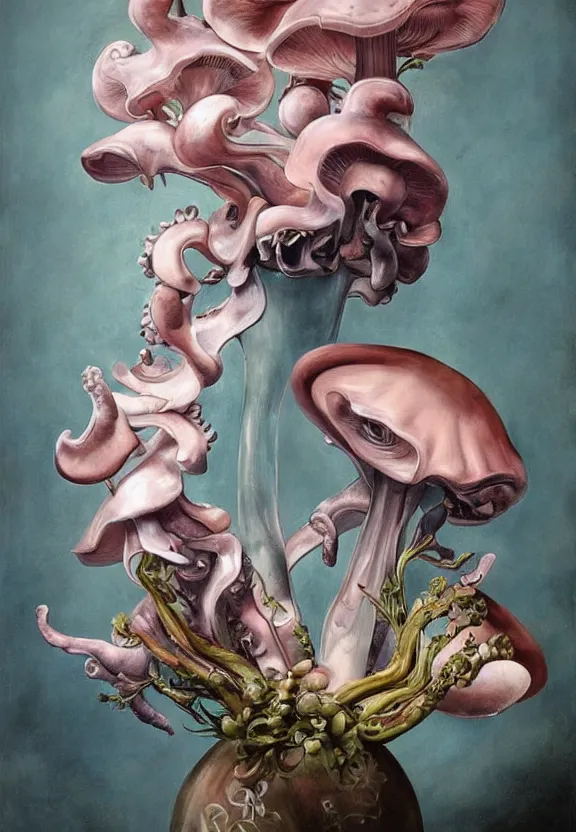 Prompt: a biomorphic painting of a vase with flowers and eyeballs in it, a surrealist painting by marco mazzoni, by dorothea tanning, pastel blues and pinks, blue oyster mushrooms, featured on artstation, metaphysical painting, oil on canvas, fluid acrylic pour art, airbrush art, seapunk, rococo, lovecraftian