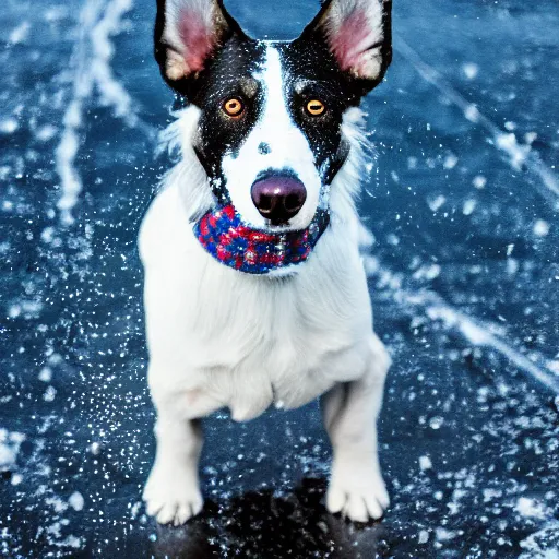 Prompt: detailed picture of a dog playing in the snow dressed as a fish 8 k