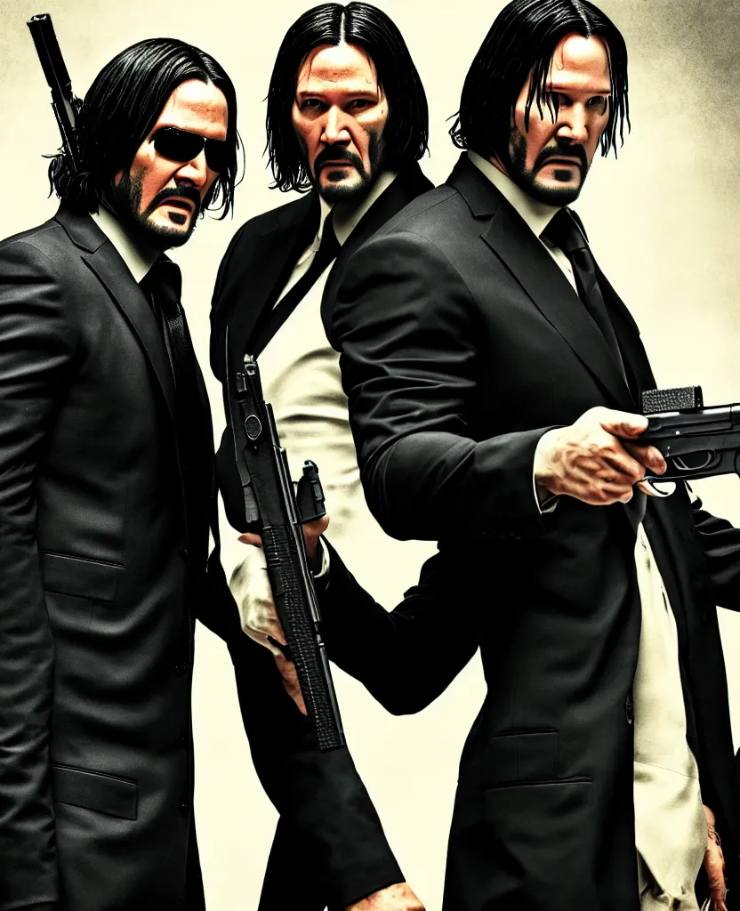 Image similar to portrait photo of a gangster like John Wick and Morpheus pointing a gun at the camera, menacingly