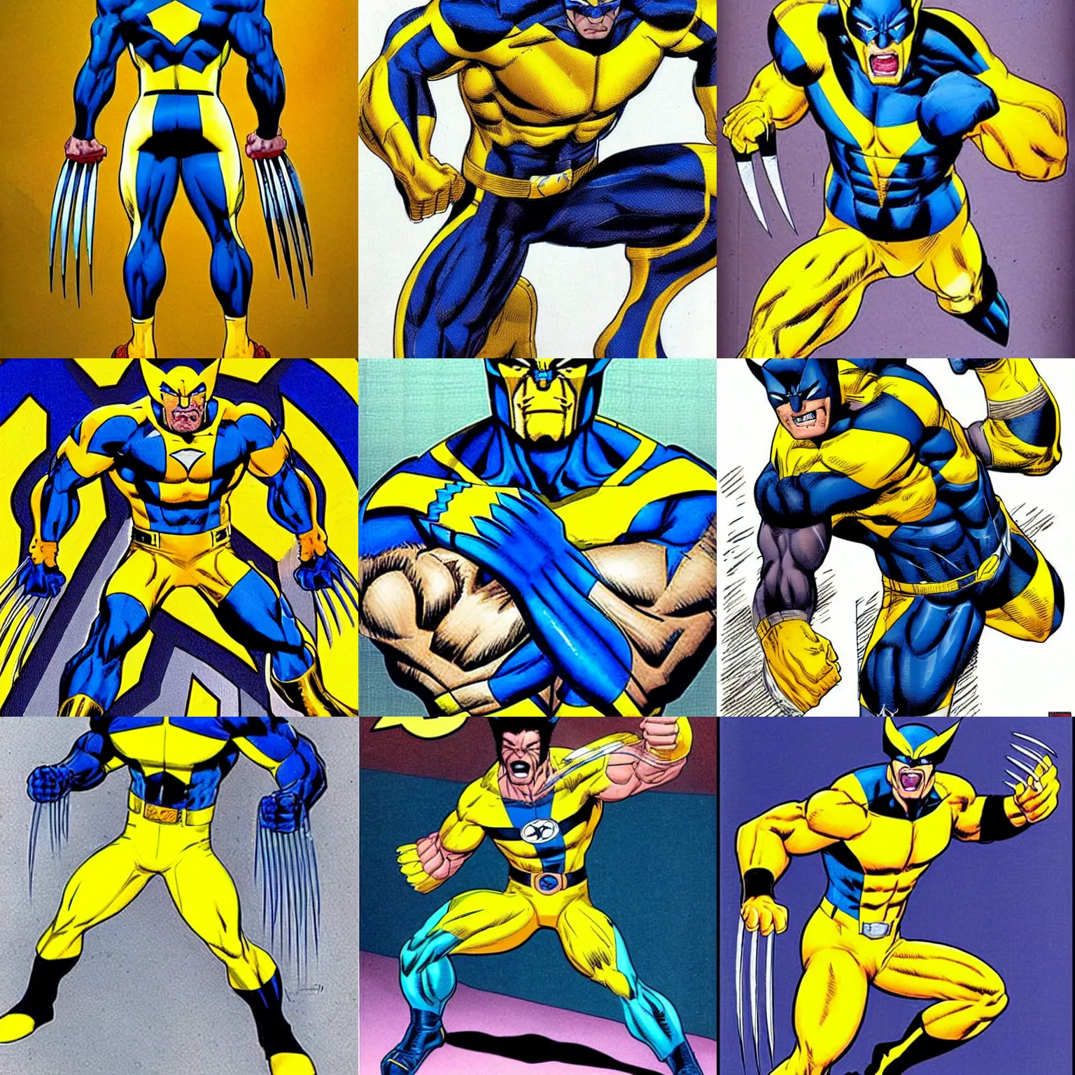 Prompt: Wolverine in blue and yellow outfit drawn by Rob Liefeld but with realistic feet, 90s comic book, comic book, Marvel, 90s, by Rob Liefeld