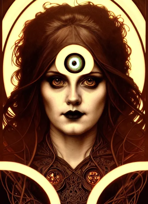 Image similar to portrait of the artis adele glowing eyes, volumetric lights, feast, music notes, art nouveau botanicals, gothic, intricate, highly detailed, digital painting, artstation, concept art, smooth, sharp focus, symmetric face, illustration, steampunk, art by artgerm and greg rutkowski and alphonse mucha