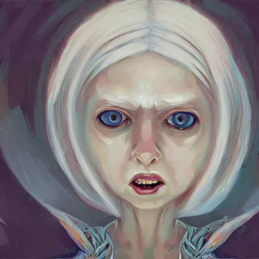 Image similar to portrait of small, cute, rubbery, huge-eyed, big-lipped albino mutant priestess with elaborate white hair with serious expression; science fiction concept art by Anato Finnstark, Margaret Keane, Greg Rutkowski