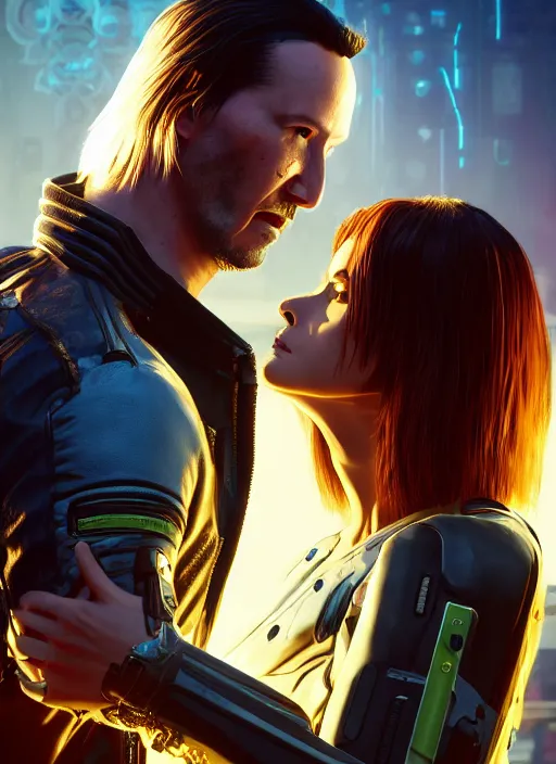 Image similar to a cyberpunk 2077 couple portrait of a Keanu Reeves as johnny silverhand and a female android in final kiss,love,fantasy, intricate, elegant,film lighting,artstation,deviantart,FAN ART,full of color,Digital painting,face enhance,highly detailed,8K,octane,golden ratio,cinematic lighting