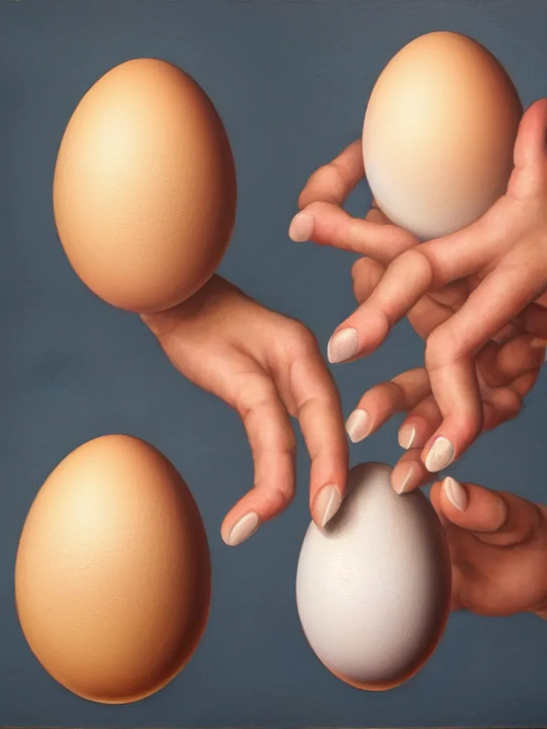 Image similar to a perfect hyperrealist painting of an egg, and a human hatching out. the human has eight arms and each finger is as long as the whole egg. broken eggshell shrapnel is causing some trauma.