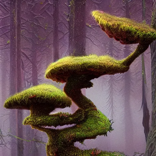 Image similar to a beautiful macro photography of moss with alien fungus, hyper detailed, warm volumetric lights, made by gerald brom and mike winkelmann, photorealism.