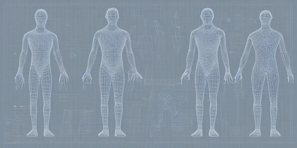 Prompt: highly detailed schematic, technical drawing, orthographic view, 3d wireframe, glowing vector, human body, blender screenshot