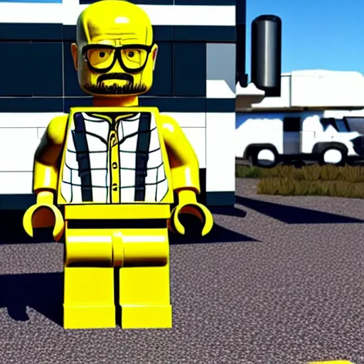 Prompt: realistic lego set of walter white from breaking bad standing in underwear outside rv in arizona desert