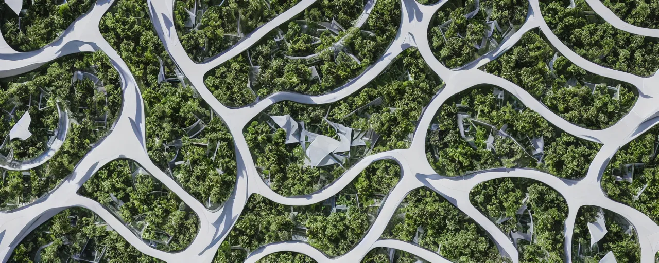 Image similar to aerial view of zaha hadid kibbutz terraformation project, with biomimetic architecture, vertical vegetable gardens, solar panels, desert oasis, XF IQ4, 150MP, 50mm, F1.4, ISO 200, 1/160s, natural light