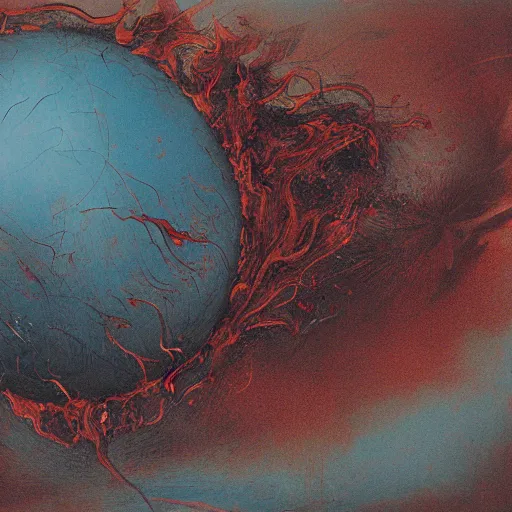 Image similar to a sphere being devoured by abstract splatters of paint in the style of francis bacon, venus being engulfed in flames in the style of james jean, surreal, beksinski, high detailed