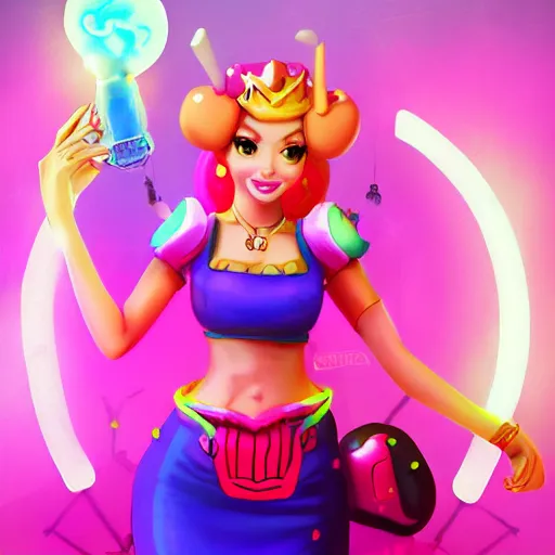 Prompt: Princess peach mixed with jinx from league of legends, background with neon lighting, trending on artstation, by Joe Benitez, WLOP, Alessandro Barbucci, Barbara Canepa