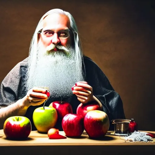 Image similar to beautiful professional photograph of a wizard with a very long white beard, creating, making, brewing, potions, elixirs, potions, in an apple orchard