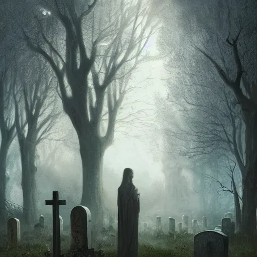 Image similar to The last Spirit living in the Cemetery by Greg Rutkowski and Caspar David Friedrich