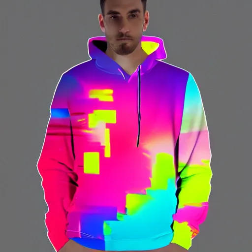 Prompt: product photo of an all over print hoodie in the style of Synthwave, vibrant colors, studio photography, f/1.8 cinematic lens