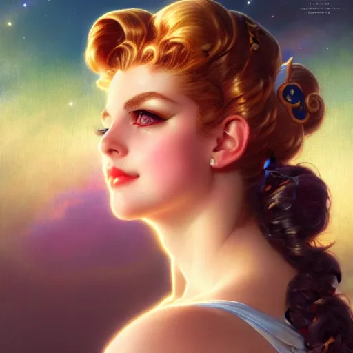 Image similar to head and shoulders Portrait of Sailor Moon, dark fantasy, medium shot, intricate, elegant, highly detailed, digital painting, volumetric light, artstation, concept art, smooth, sharp focus, illustration, art by Gil Elvgren and Greg Rutkowski and Alphonse Mucha