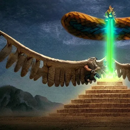 Prompt: : cinematic quetzalcoatl battling monsters on top of a pyramid