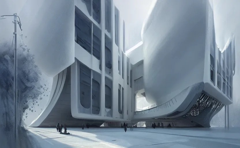 Image similar to a wide angle exterior shot of a white architecture designed by zaha hadid and peter zumthor, darek zabrocki, greg ruthkowski, cinematic and blue cold atmospheric, concept art, artstation, trending on artstation