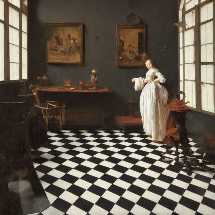 Image similar to colored painting, pieter de hooch, trending on artstation, highly detailed, black and white checkerboard floor, gigantic porcelain head statue, intricate, elegant